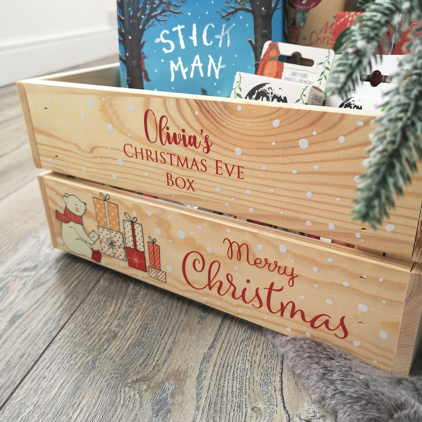 Personalised Christmas Eve Box Wooden Pine Crate - Cute Polar Bear