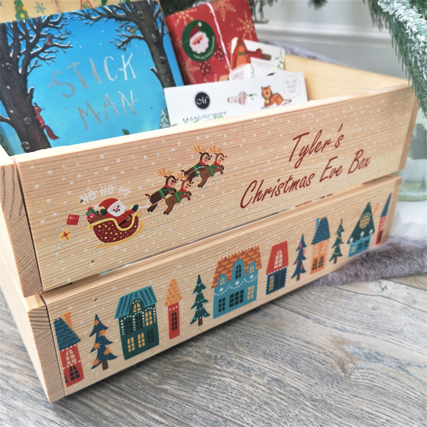 Personalised Christmas Eve Box Wooden Pine Crate - Christmas Town