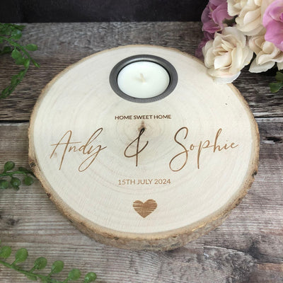 Personalised Log Slice Tealight Candle Holder - Home Sweet Home