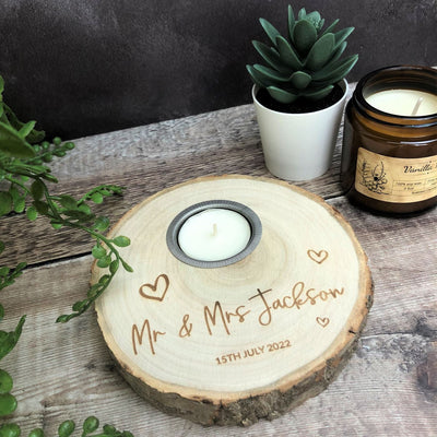 Personalised Log Slice Tealight Candle Holder - Mr & Mrs With Hearts