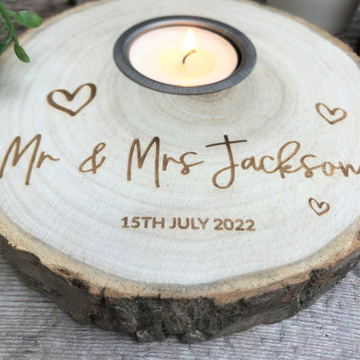 Personalised Log Slice Tealight Candle Holder - Mr & Mrs With Hearts