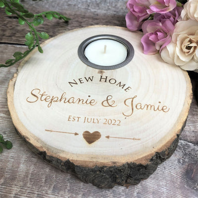 Personalised Log Slice Tealight Candle Holder - New Home