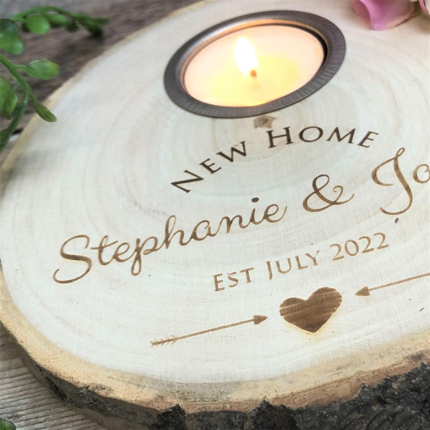 Personalised Log Slice Tealight Candle Holder - New Home