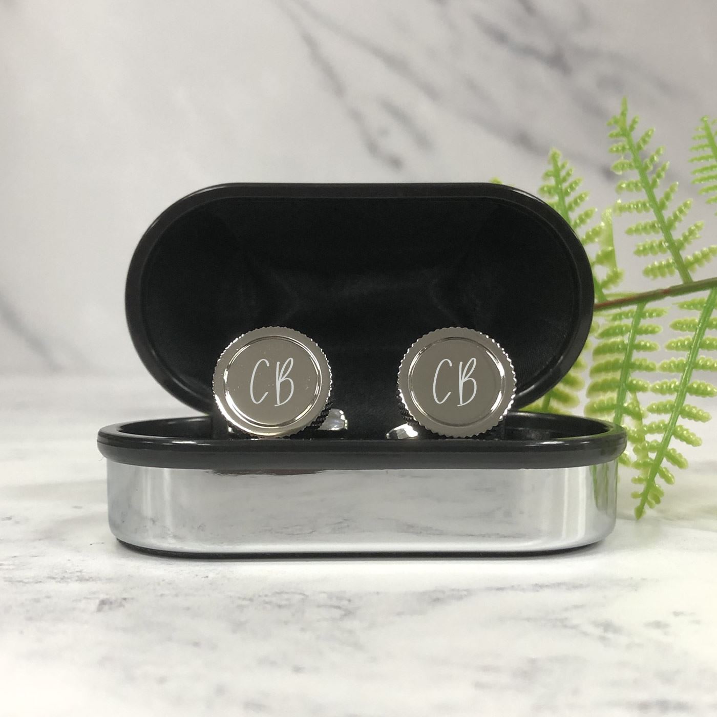 Engraved Serrated Round Cufflinks - Initials With Heart