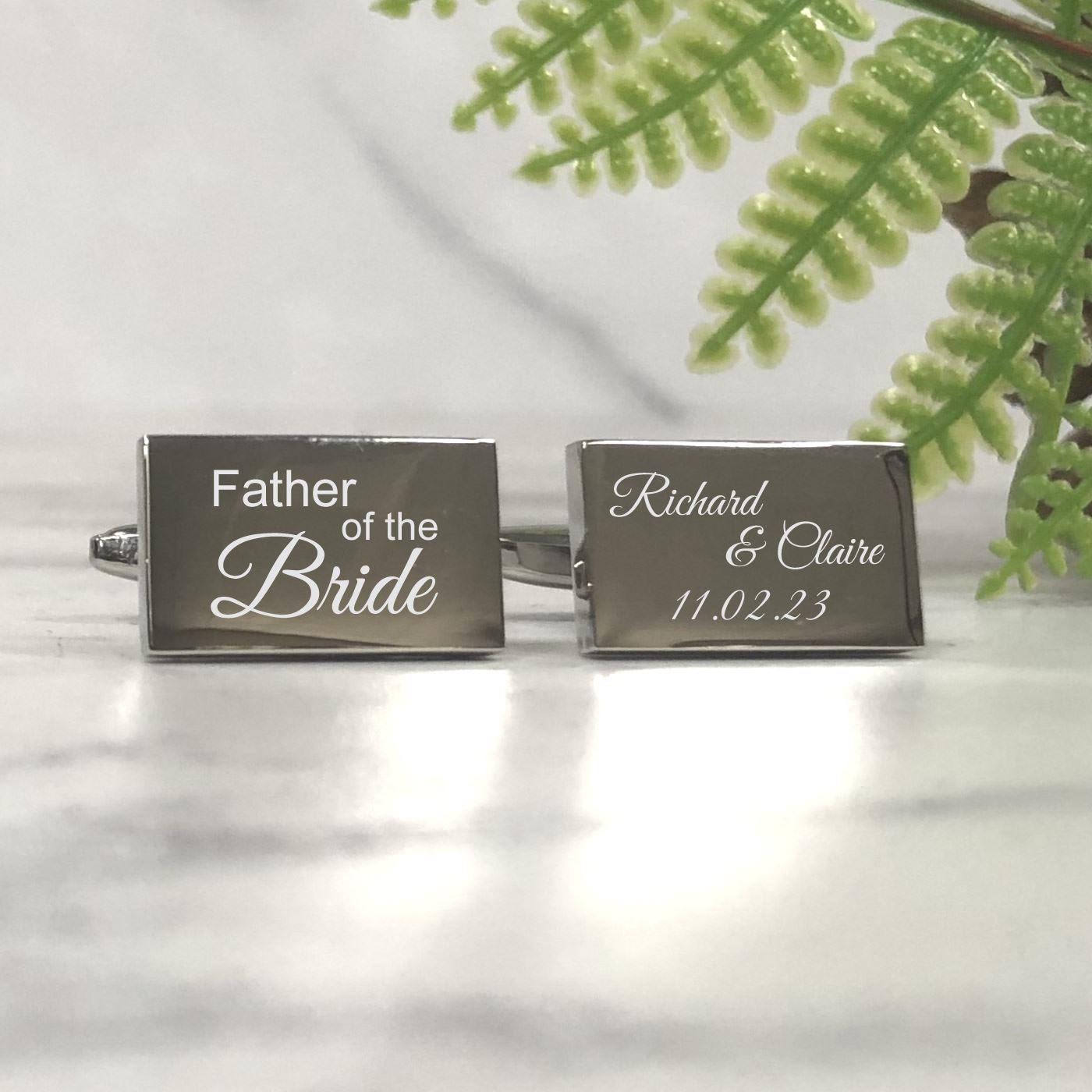 Engraved Wedding Day Silver Rectangular Cufflinks -  Father of the Bride