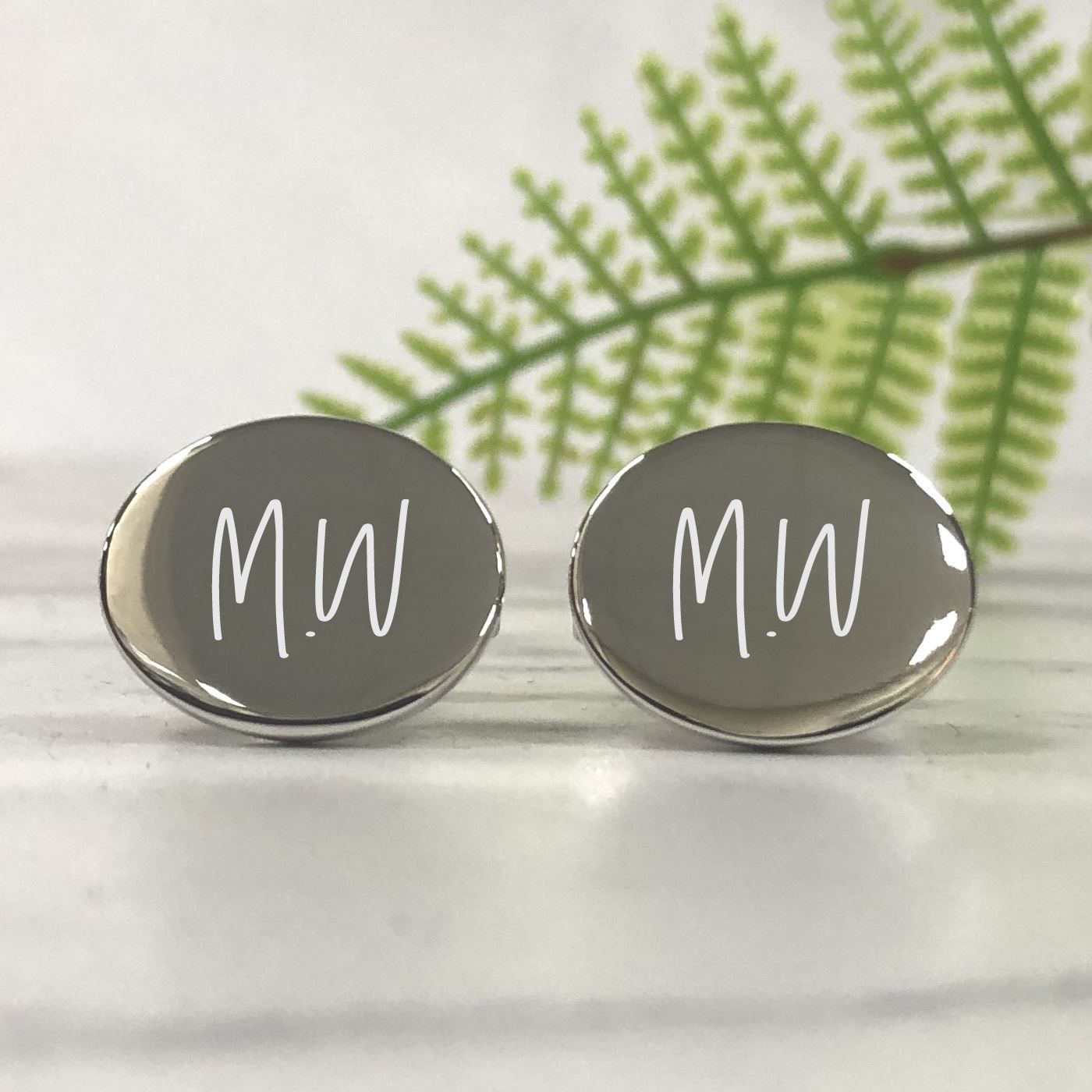 Engraved Silver Oval Cufflinks - Monogram Initials