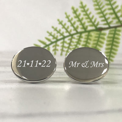 Engraved Silver Oval Wedding Cufflinks - Mr & Mrs