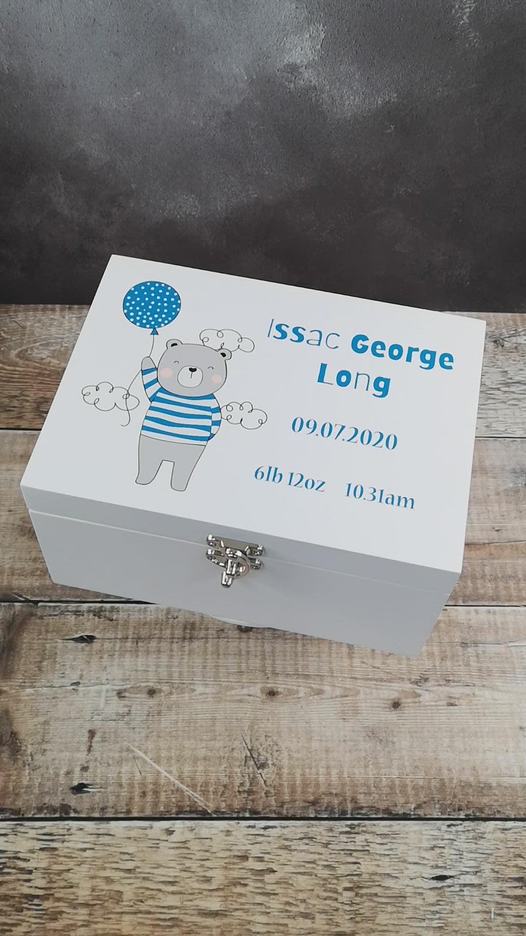 Personalised White Wooden New Baby Keepsake Box - Blue Bear With Balloon