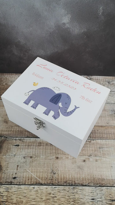 Personalised White Wooden New Baby Keepsake Box - Cute Elephant Pink Script