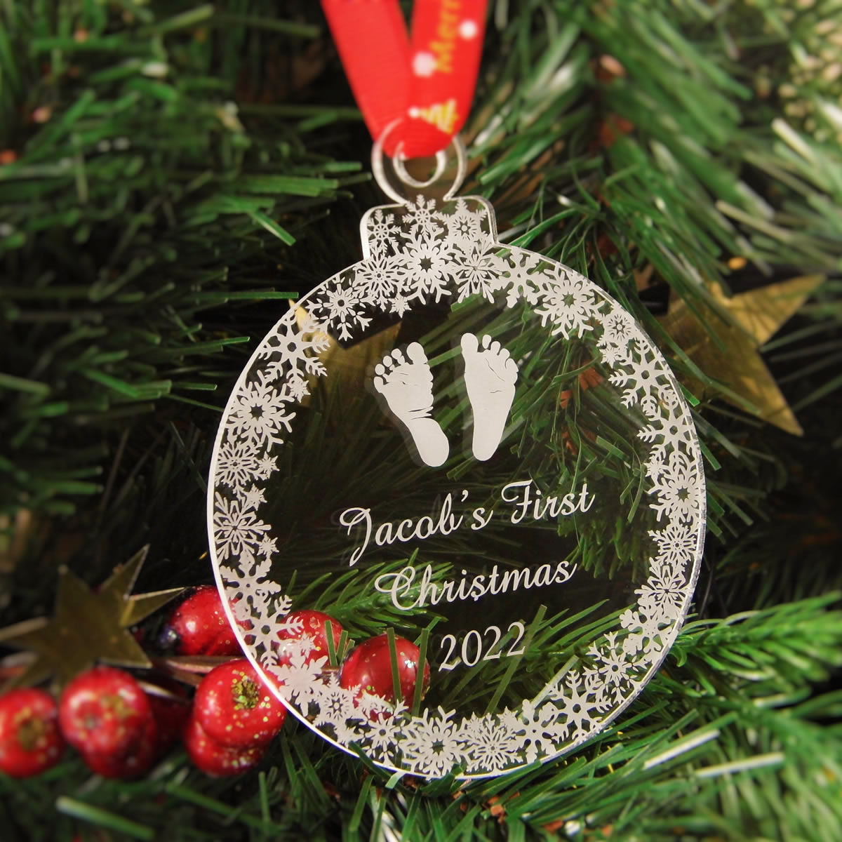 Personalised First Christmas Round Bauble - Name & Footprints