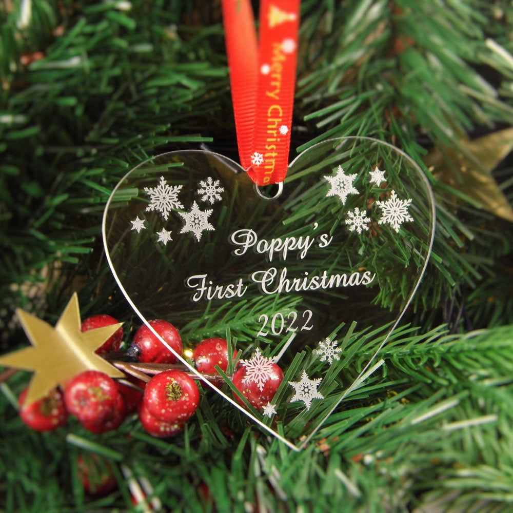Personalised First Christmas Heart Bauble - Name & Snow Flakes