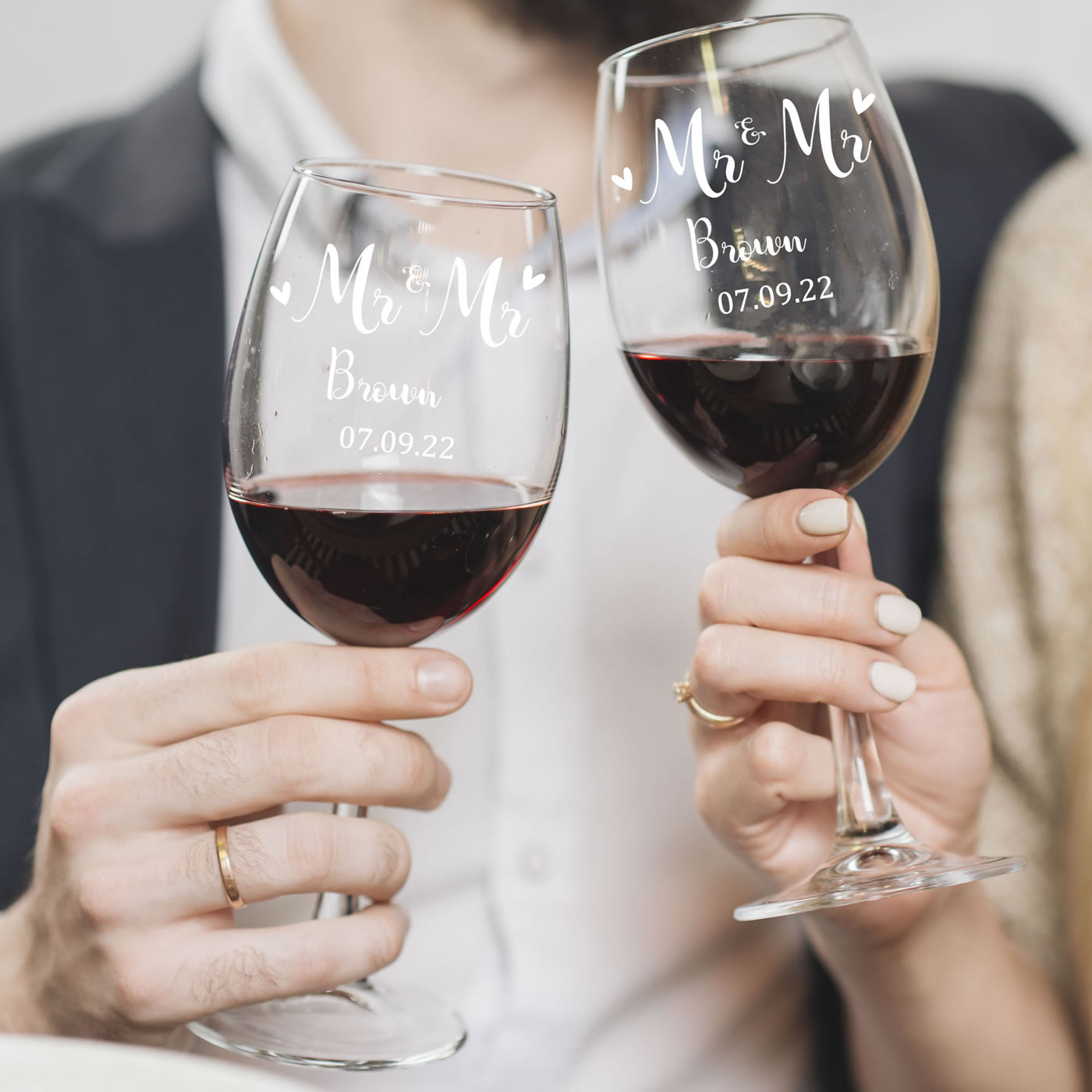 Engraved Wedding Wine Glasses - Mr & Mrs With Hearts & Date