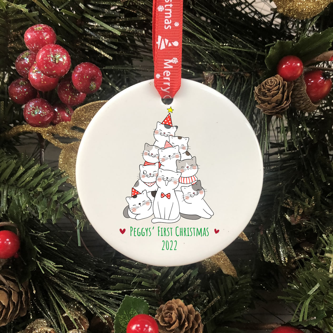 Personalised Ceramic Cat Christmas Tree Bauble - Cat's First Christmas