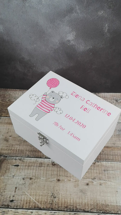 Personalised White Wooden New Baby Keepsake Box - Pink Bear With Balloon