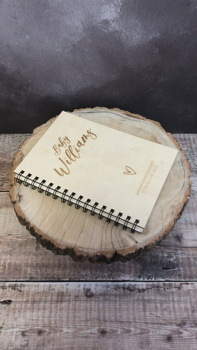 Personalised Baby Shower A5 Wood Cover Spiral Bound Plain Heart Notepad