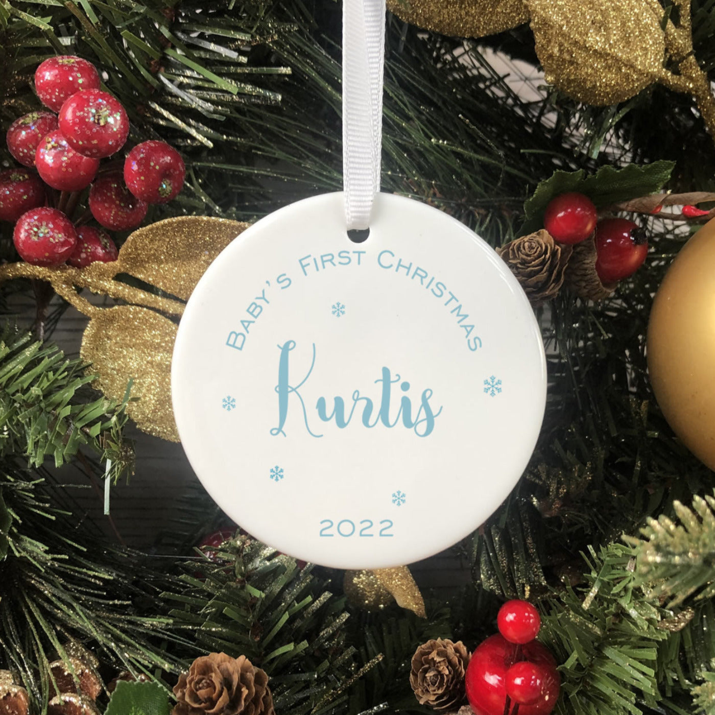 Personalised Ceramic Baby's First Christmas Bauble - Blue Script