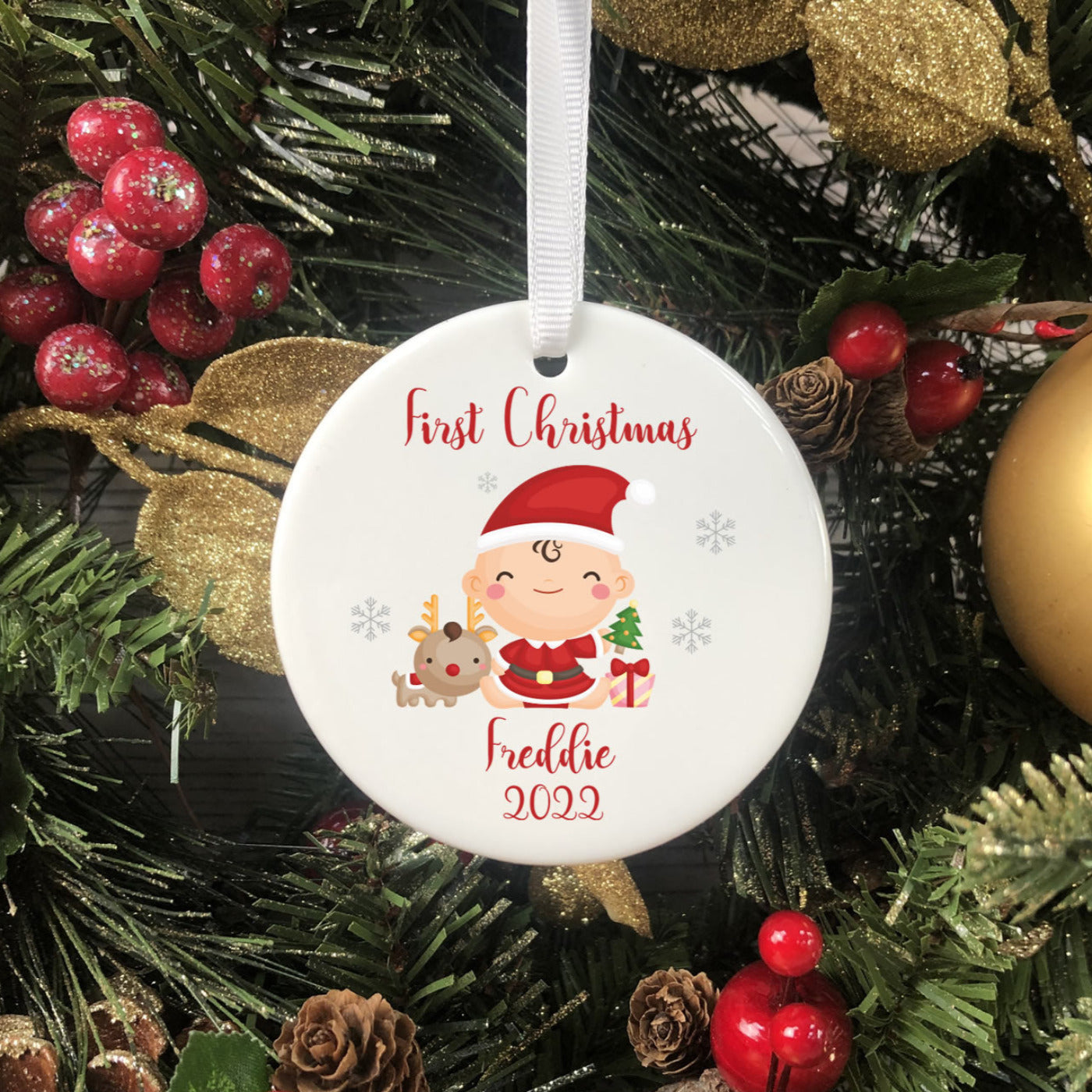Personalised Ceramic First Christmas Bauble - Christmas Characters