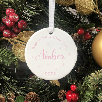 Personalised Ceramic Baby's First Christmas Bauble - Pink Script