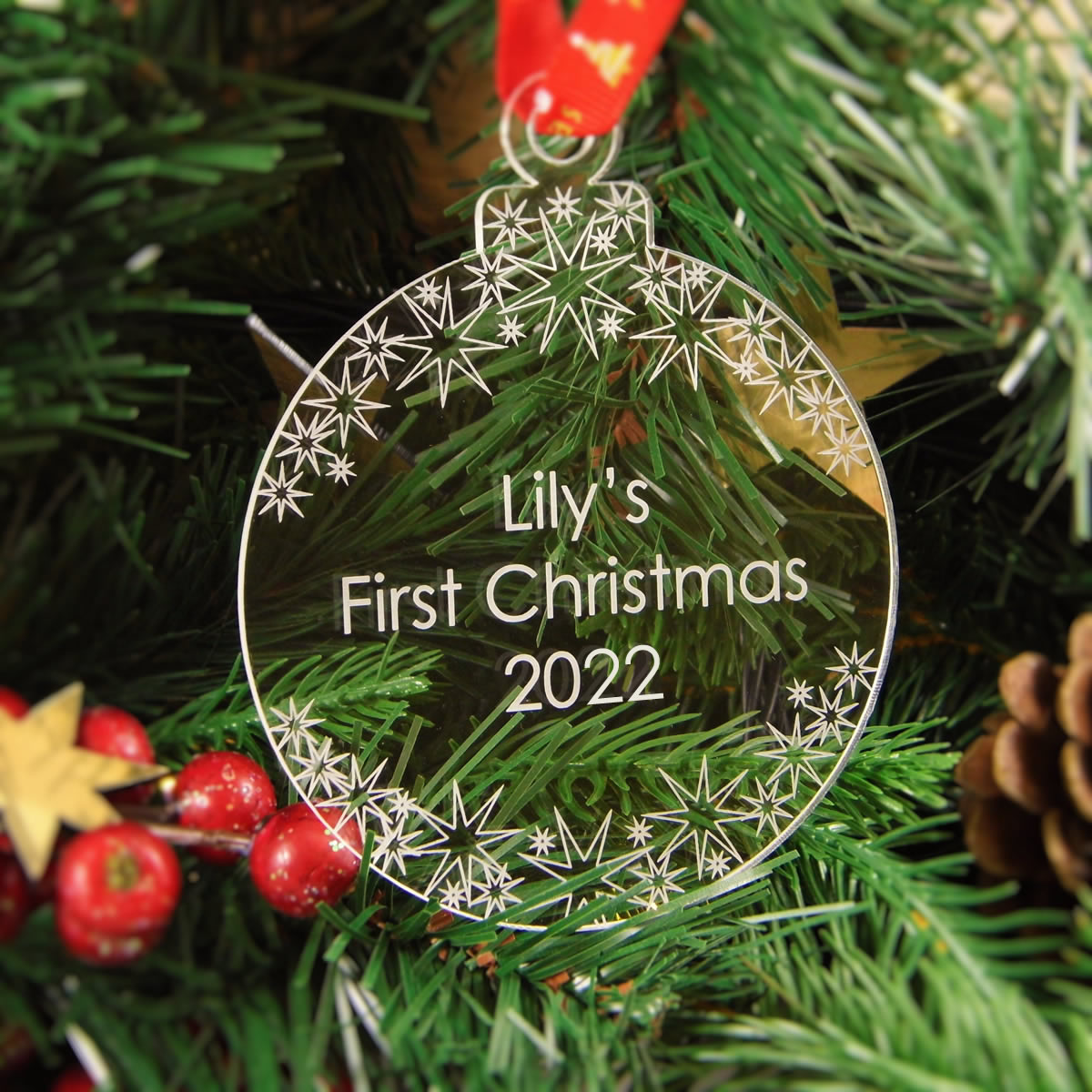 Personalised First Christmas Round Bauble - Name & Stars
