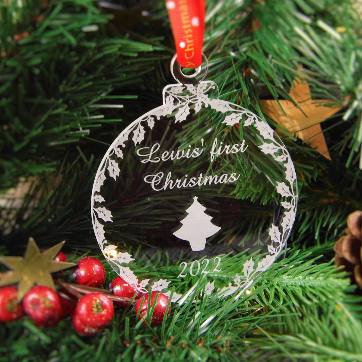 Personalised First Christmas Round Bauble - Name & Christmas Tree