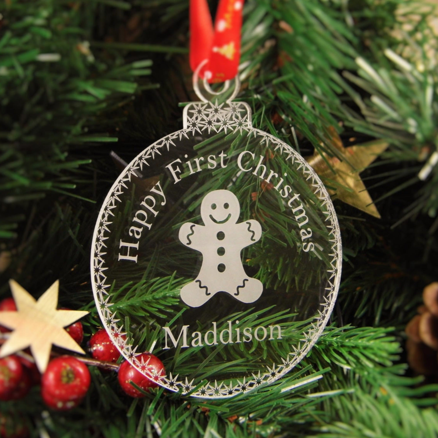Personalised Christmas Tree Decoration Engraved Bauble Gift - My First Christmas Bauble with Gingerbread Man Design - gingerbread_man_bauble