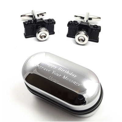 Black Camera Cufflinks, Ideal Wedding Photographer Gift & Engraved Gift Box (X2PSN270) - Novelty Cufflinks, Personalised Cufflinks Box