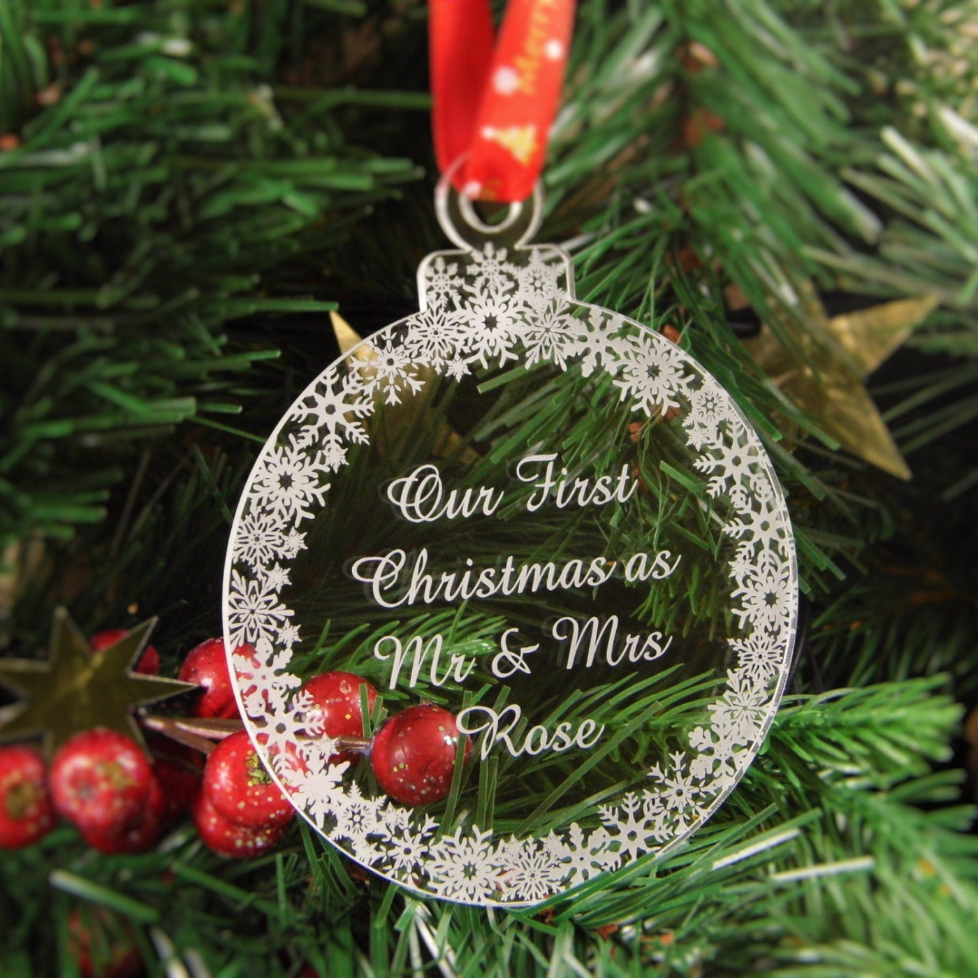 Personalised Christmas Tree Decoration Engraved Bauble Gift -Christmas Wedding Favours, Mr & Mrs First Christmas - mrmrs_bauble