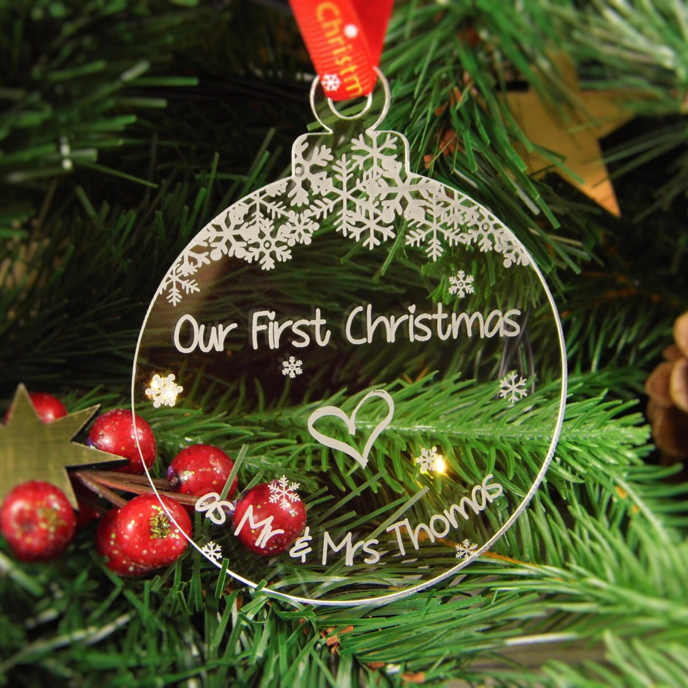 Personalised Christmas Tree Decoration Engraved Bauble Gift - Xmas Wedding, Our First Christmas as Mr & Mrs Bauble - snowflake_mrmrs_bauble