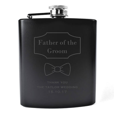 Personalised Black Hip Flask with Bow Tie Design