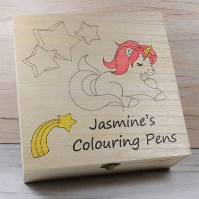 Personalised, Engraved Wooden Storage Box - Unicorn Children's Colouring In Box