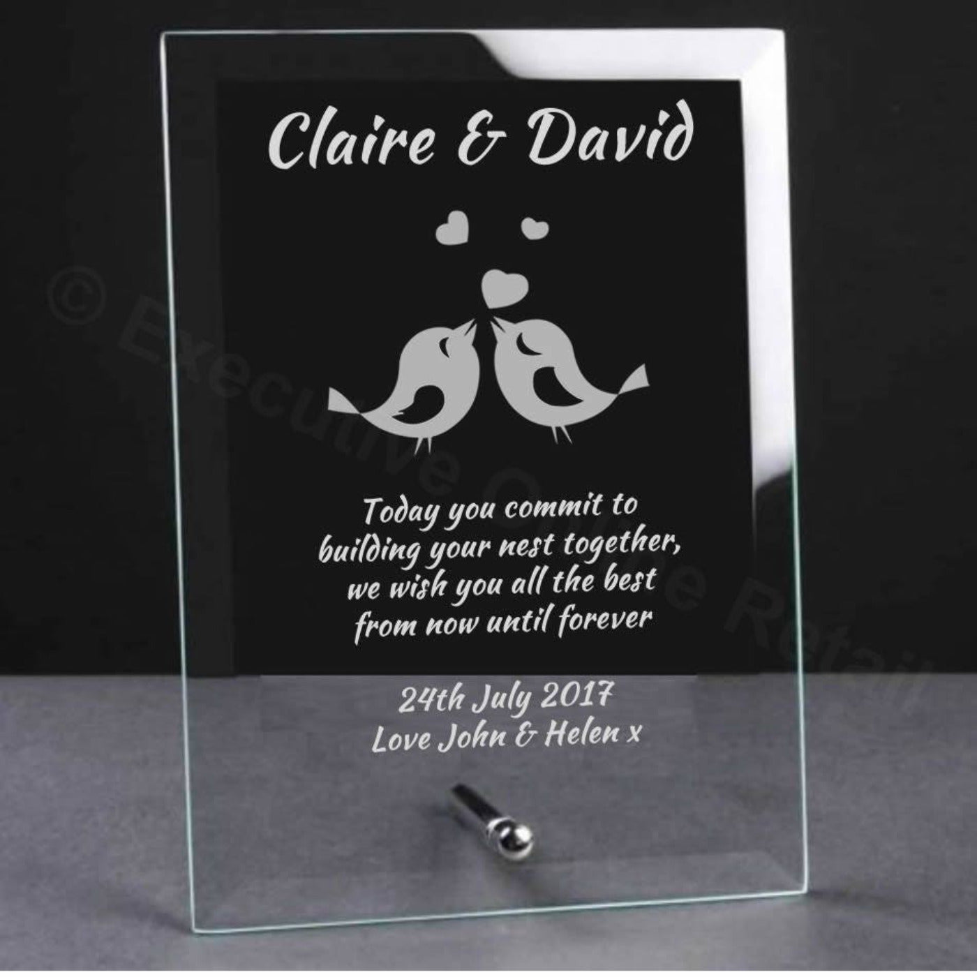 Engraved Wedding Love Bird Glass Plaque