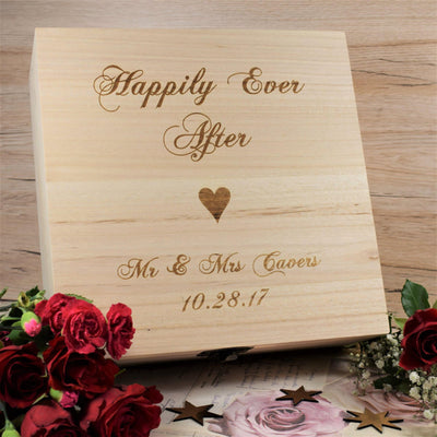 Personalised, Engraved Wooden Wedding Memory Box - Happily Ever After