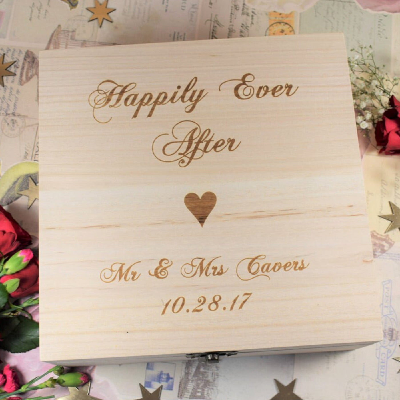 Personalised, Engraved Wooden Wedding Memory Box - Happily Ever After