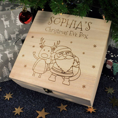 Personalised, Engraved Wooden Christmas Eve Box - Santa Claus and Rudolph