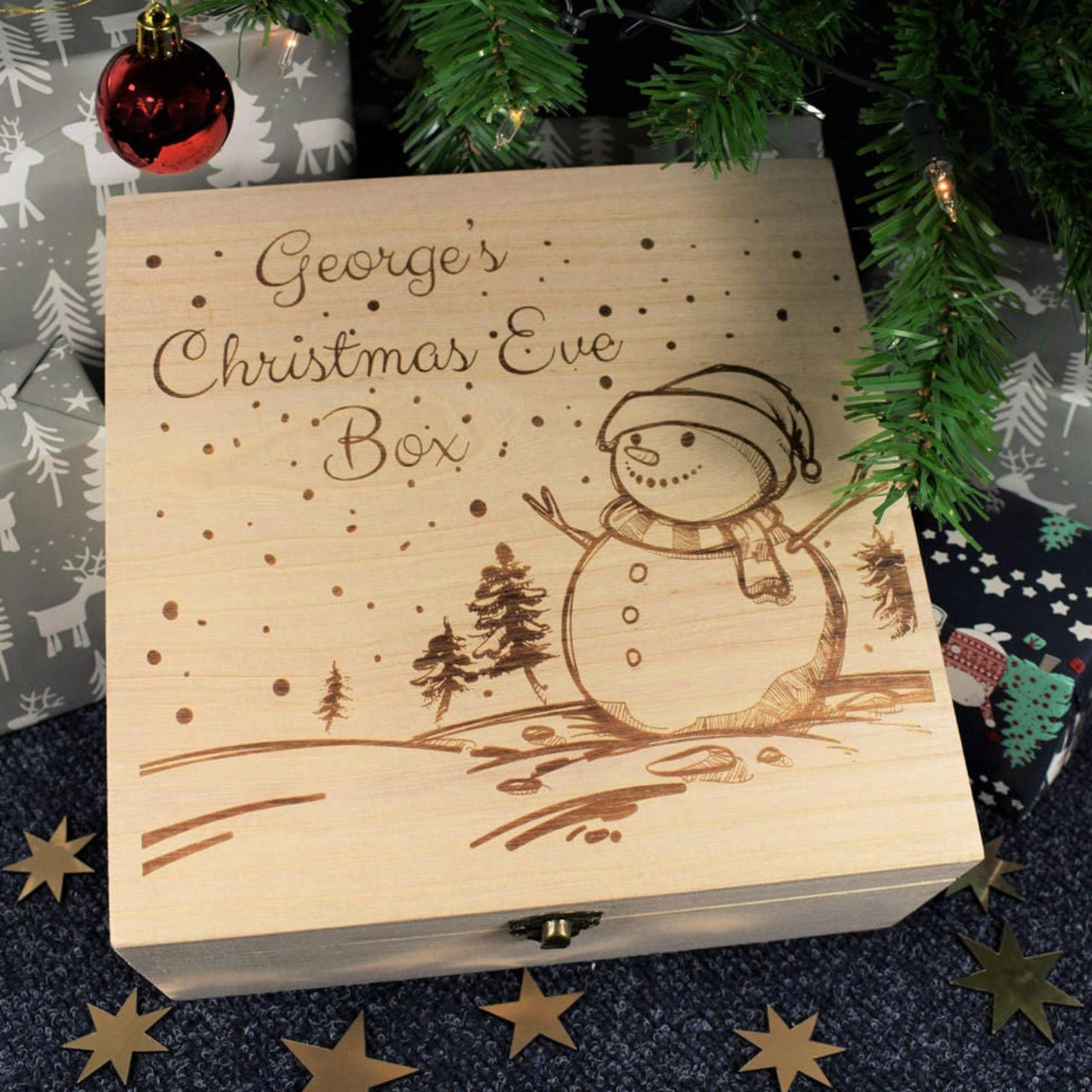 Personalised Christmas Eve Box - Wooden Christmas Box, Snowy Scene Design