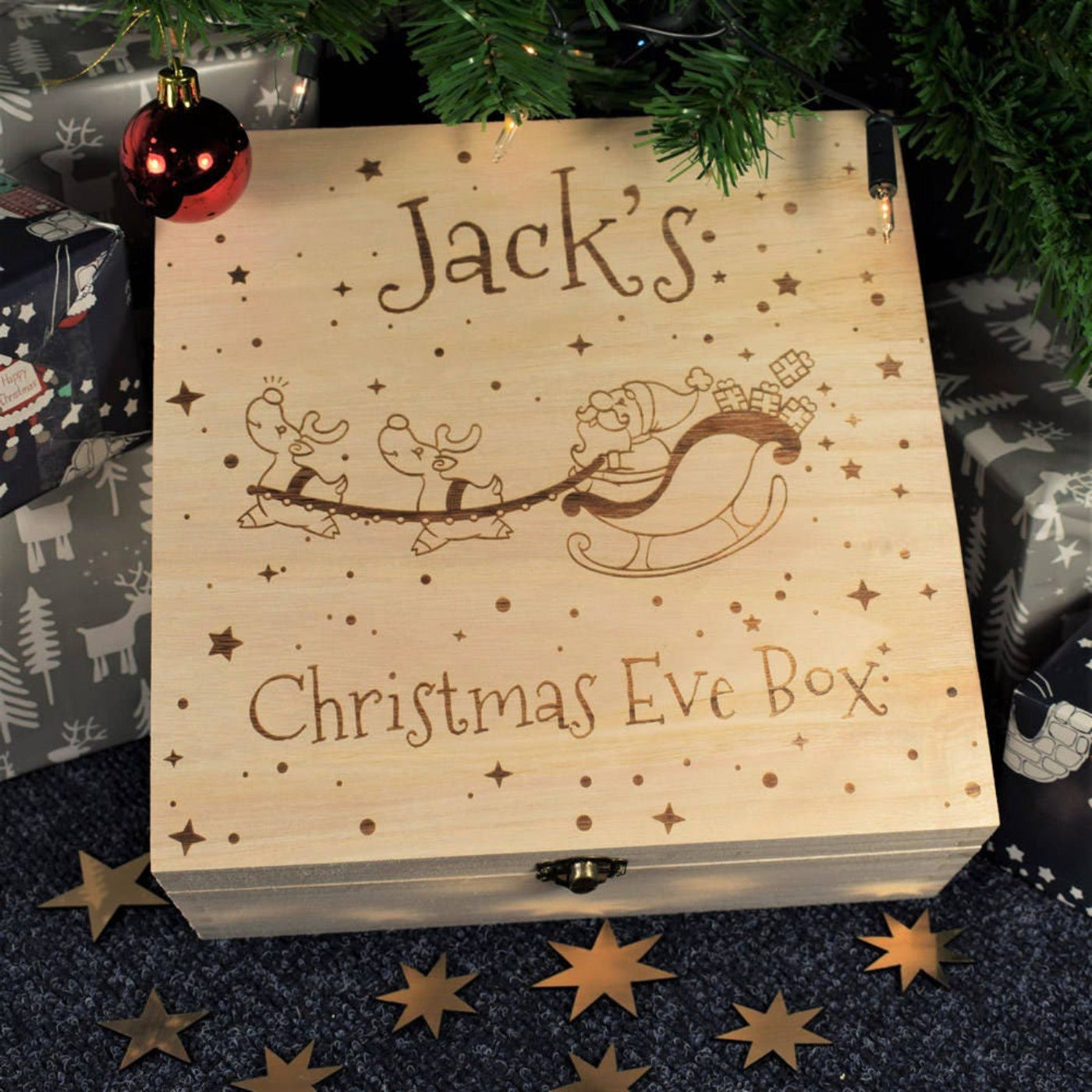 Personalised, Engraved Wooden Christmas Eve Box - Santa And His Reindeers