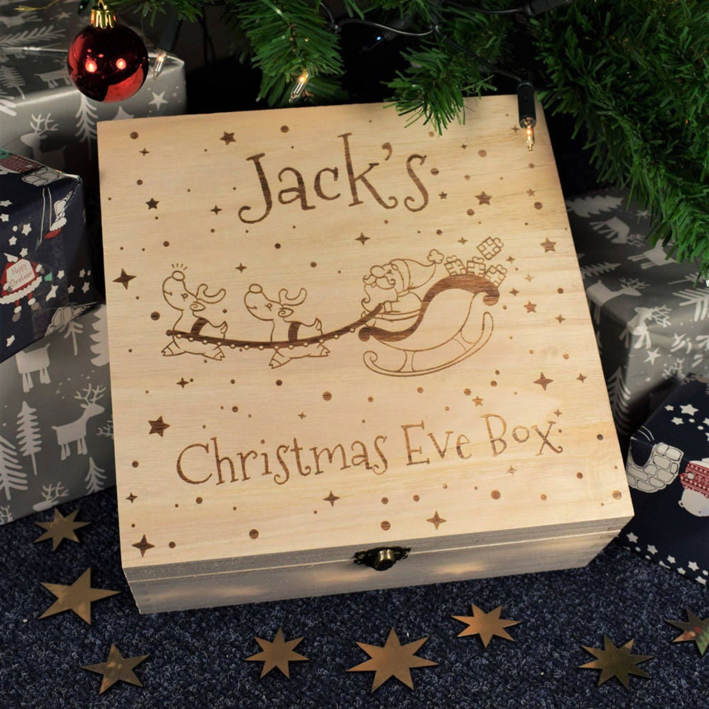 Personalised, Engraved Wooden Christmas Eve Box - Santa And His Reindeers