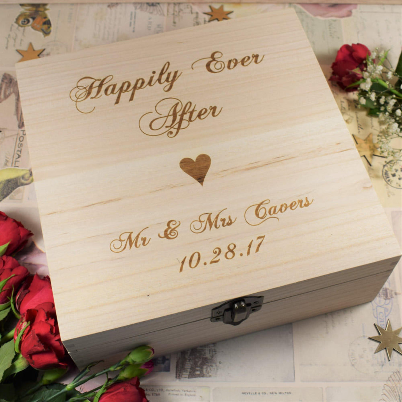 Personalised, Engraved Wooden Wedding Memory Box - Happily Ever After