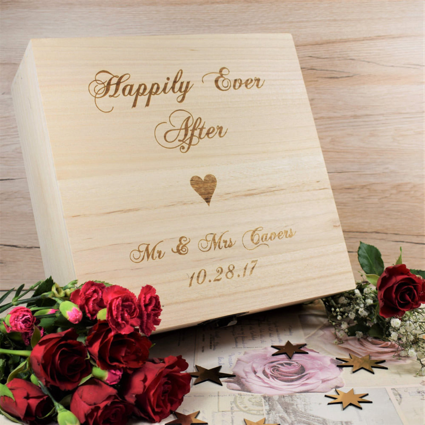 Personalised, Engraved Wooden Wedding Memory Box - Happily Ever After