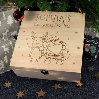 Personalised, Engraved Wooden Christmas Eve Box - Santa Claus and Rudolph