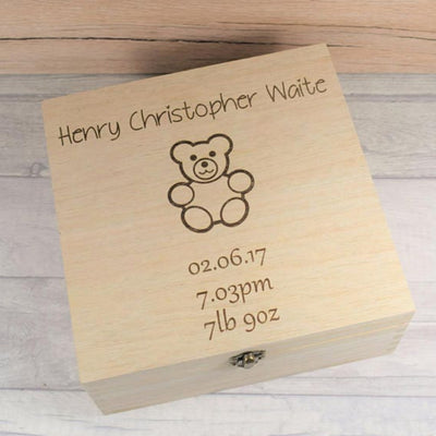 Personalised, Engraved Wooden Keepsake Box - New Baby with Teddy