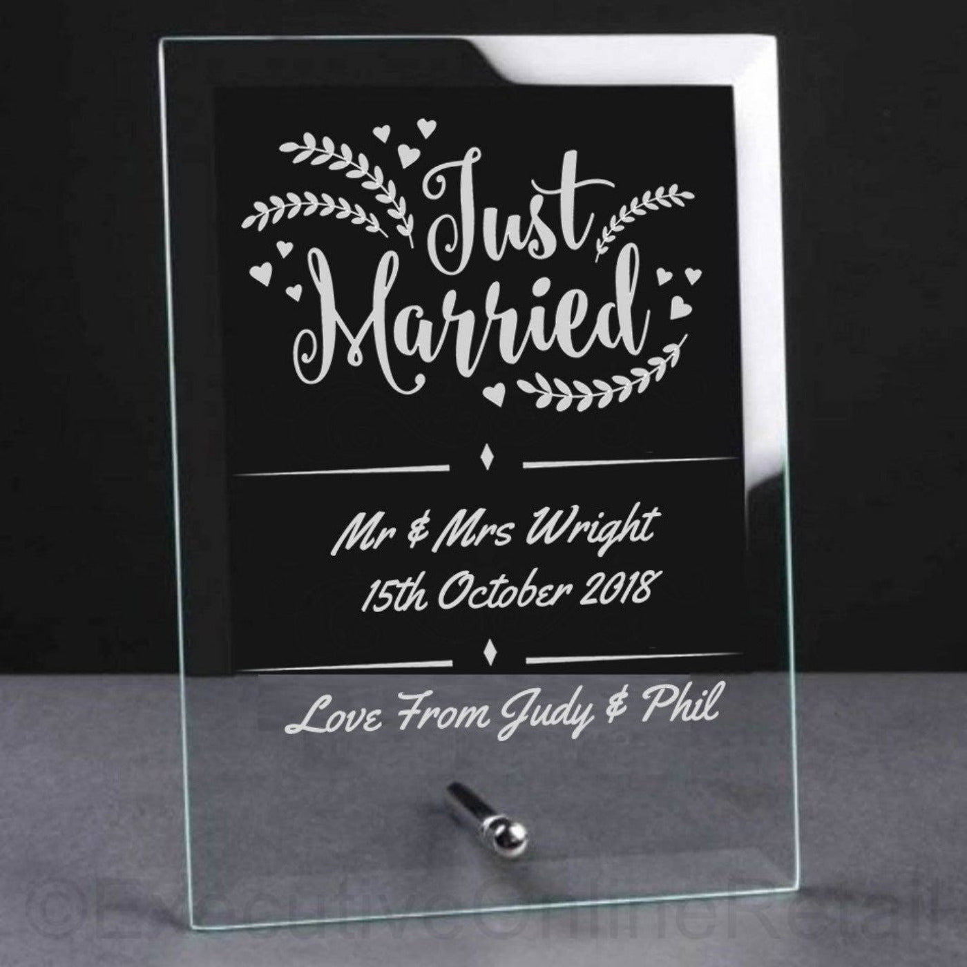 Engraved Glass Wedding Plaque - Just Married