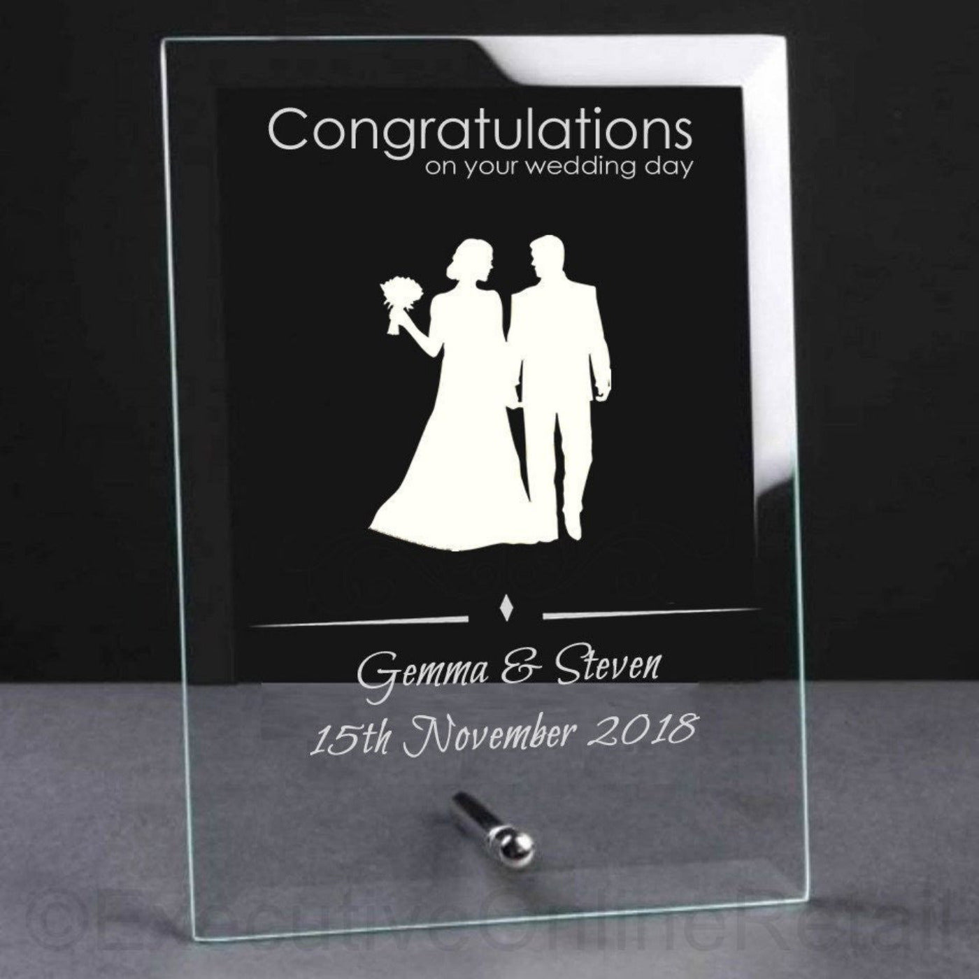 Personalised Glass Wedding Plaque - Bride & Groom Silhouette 