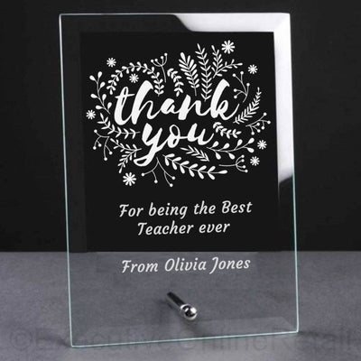 Engraved Teacher Thank You Glass Plaque - Flowers