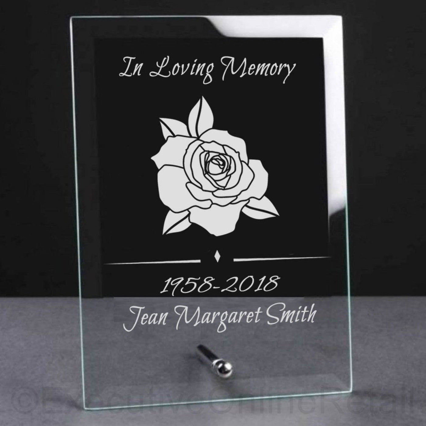 Engraved Glass Memorial Plaque  - In Loving Memory with Rose