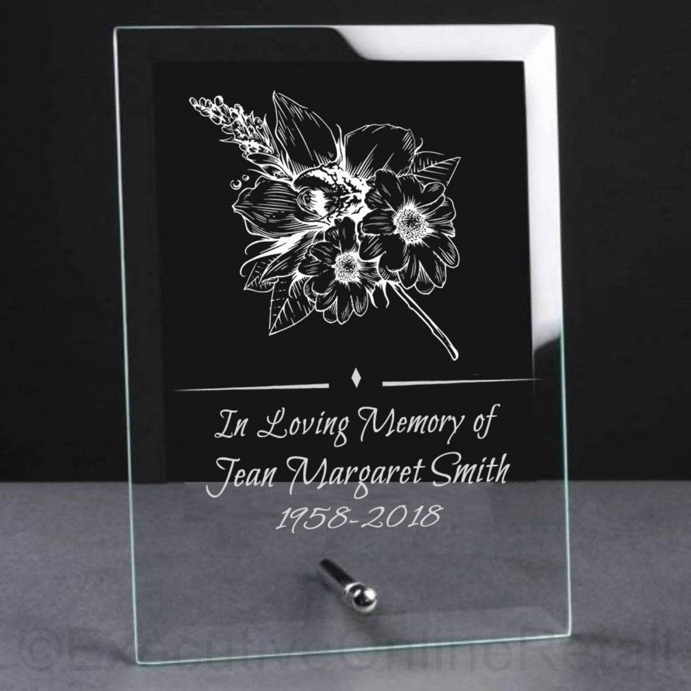 Engraved Glass Memorial Plaque  - In Loving Memory with Flowers