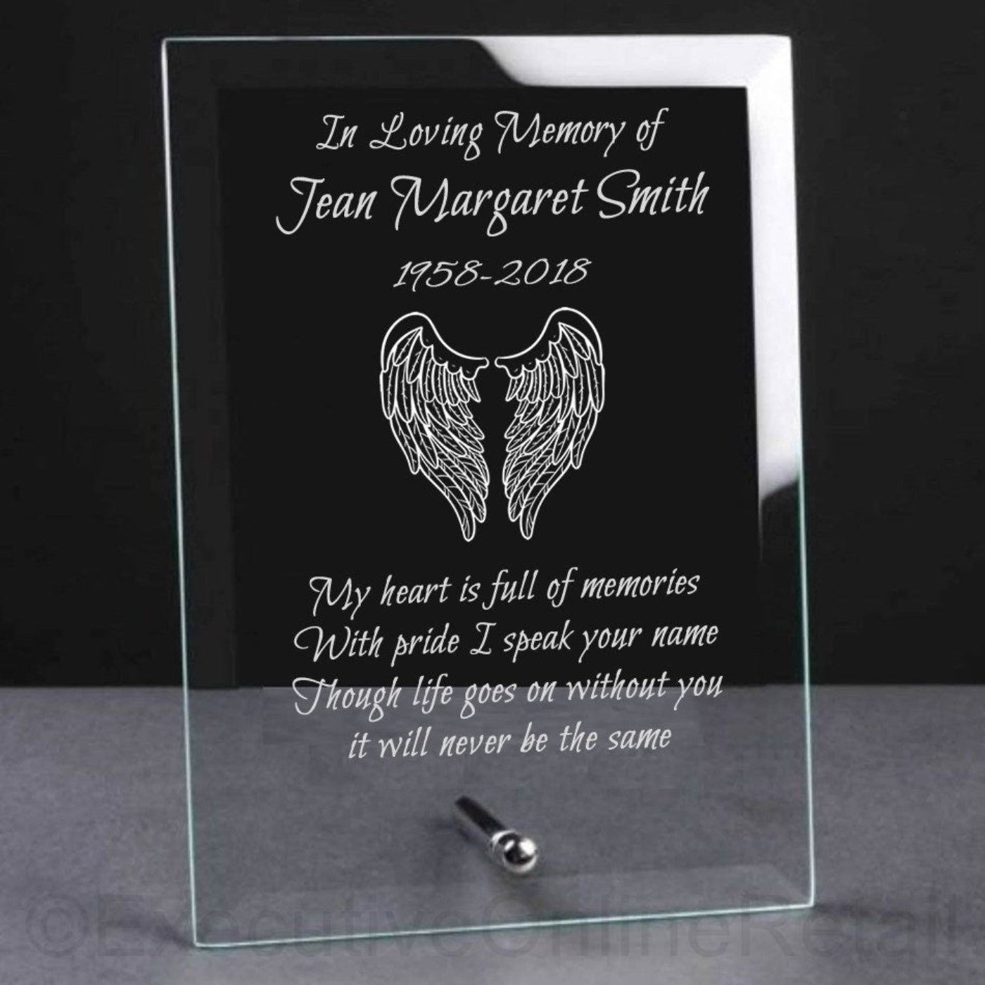 Engraved Glass Memorial Plaque  - In Loving Memory with Wings