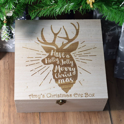 Personalised, Engraved Wooden Christmas Eve Box - Merry Christmas Deer