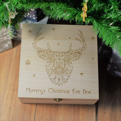 Personalised, Engraved Wooden Christmas Eve Box - Geometric Deer