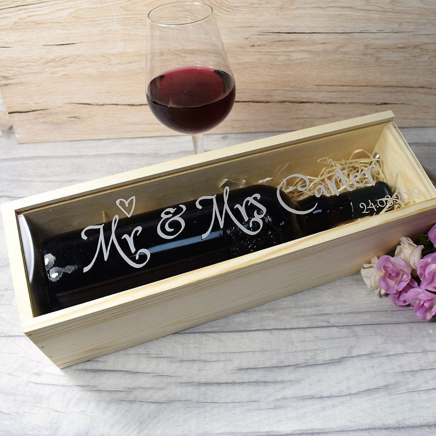 Personalised Wine Box With Clear Lid - Mr & Mrs with Heart